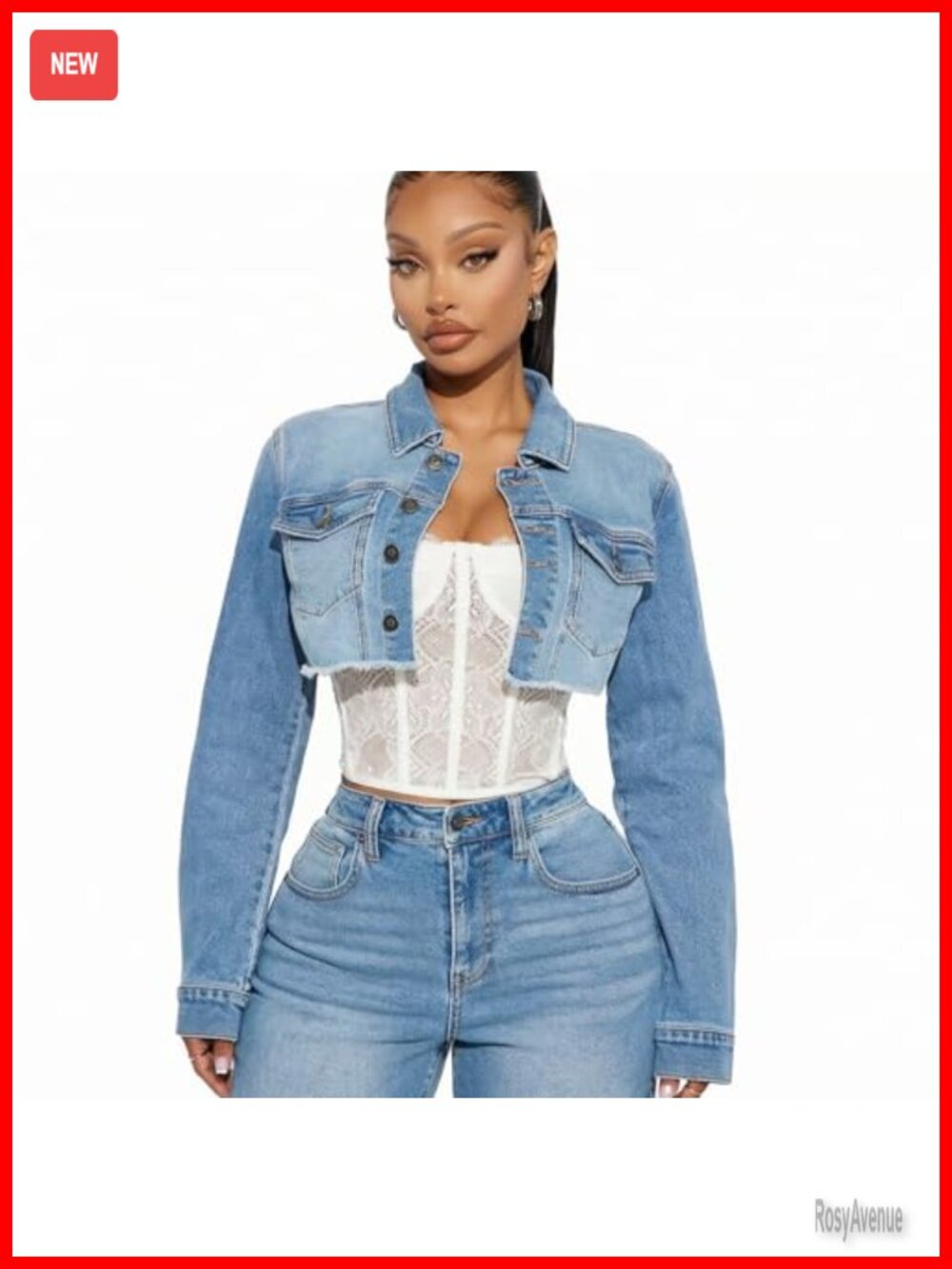 Cropped Denim Jacket with Frayed Hem, Long Sleeve Button Down